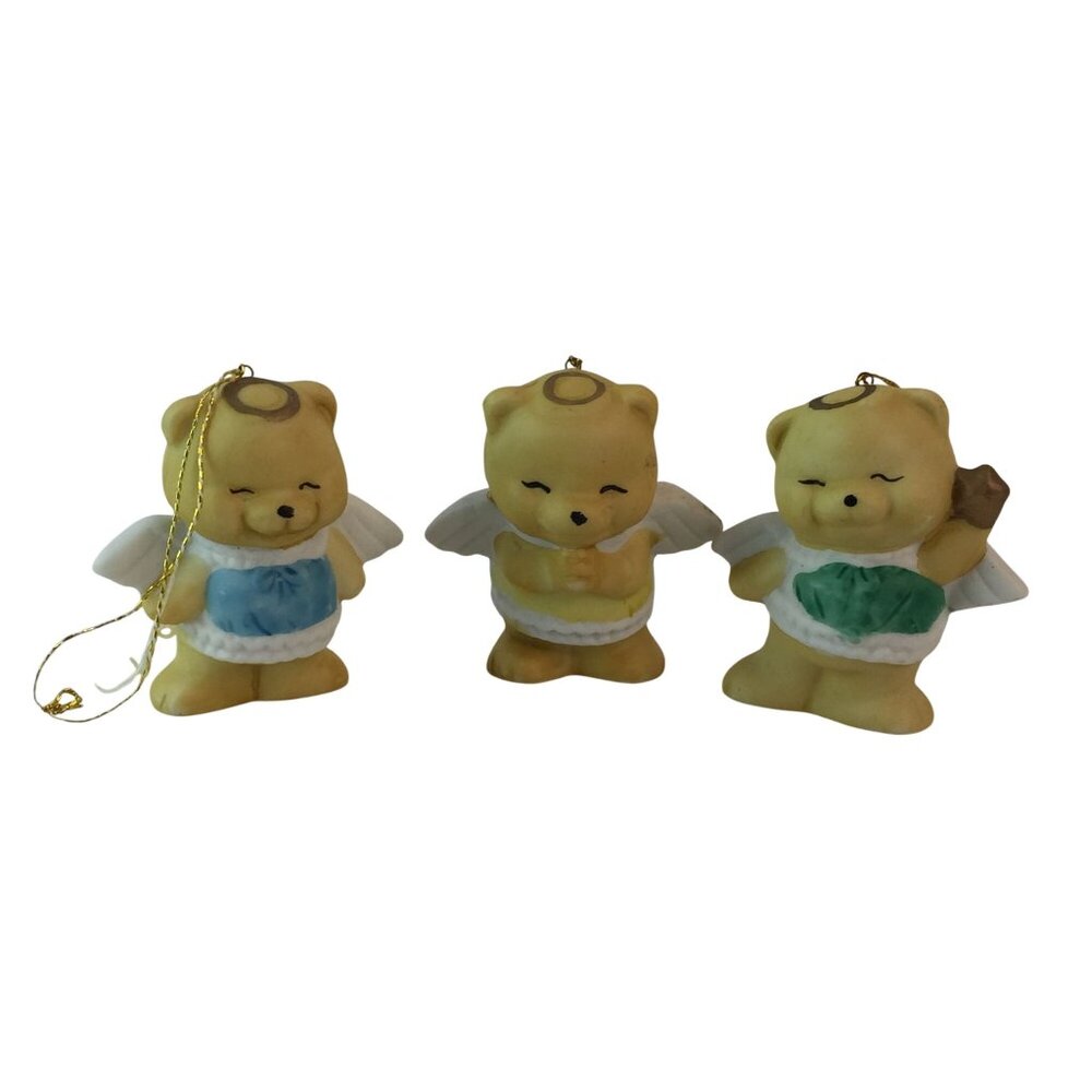Vintage Porcelain Teddy Bear Angel 3" Christmas Ornament Set of‎ 3 Taiwan ROC